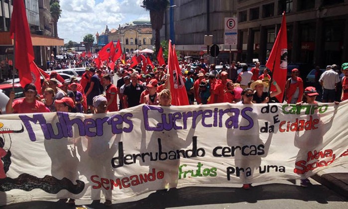 Peasants of Via Campesina participate in a demonstration in Porto Alegre in defense of workers' rights and Petrobras